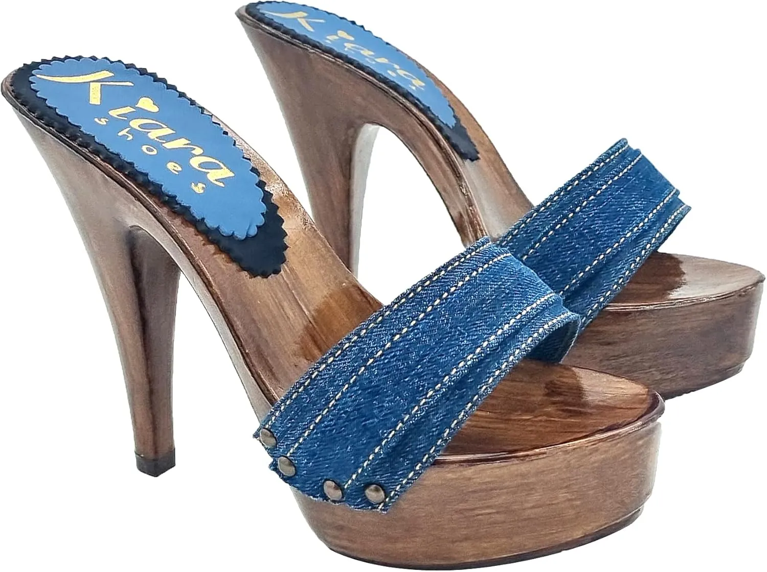 Kiara Shoes Denim Clogs Heel HIGH 13 cm 100% Made in Italy - K9201 Denim