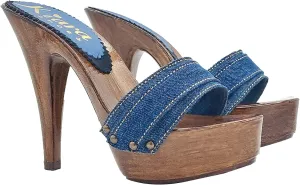 Kiara Shoes Denim Clogs Heel HIGH 13 cm 100% Made in Italy - K9201 Denim