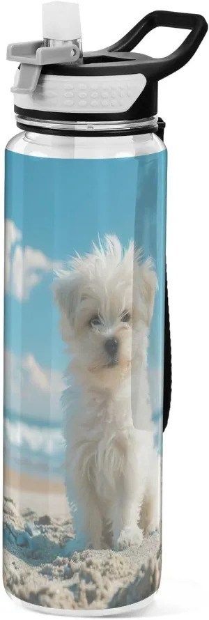 Kigai Transparent Sports Water Bottle 32oz, Dog at Beach Leakproof Wide Mouth Water Bottle with Straw, BPA Free Water Jug with Detachable Strap & Handle for Fitness Gym Outdoor