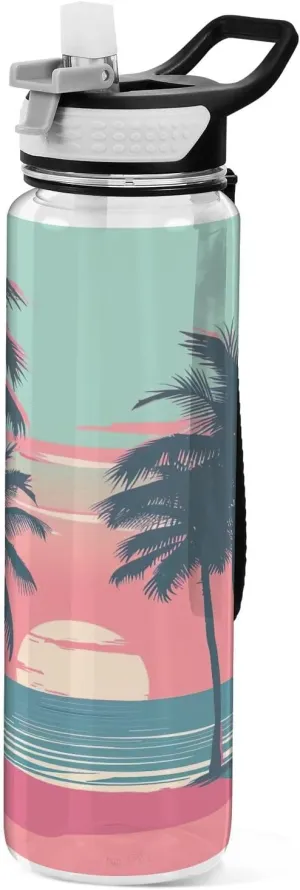 Kigai Transparent Sports Water Bottle 32oz, Tropical Tree Beach Leakproof Wide Mouth Water Bottle with Straw, BPA Free Water Jug with Detachable Strap & Handle for Fitness Gym Outdoor