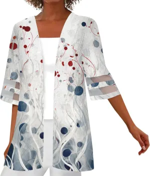 Kimono Cardigans for Women Summer Bathing Suit Lace Cardigans Boho Striped 3/4 Length Open Front Cover Ups 2025 Blouse