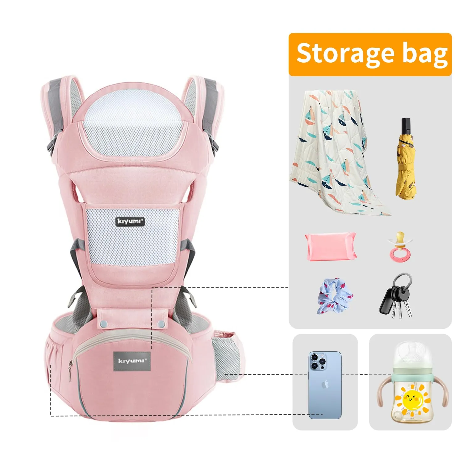 KIYUMI Baby Carrier with Hip Seat, Ergonomic M Position, Newborn to Toddler, Head Support and Breathable Mesh,Adjustable Removable 6- in-1 Baby Baby Sling Carrier (7-45 lbs) for Mom Dad, Pink