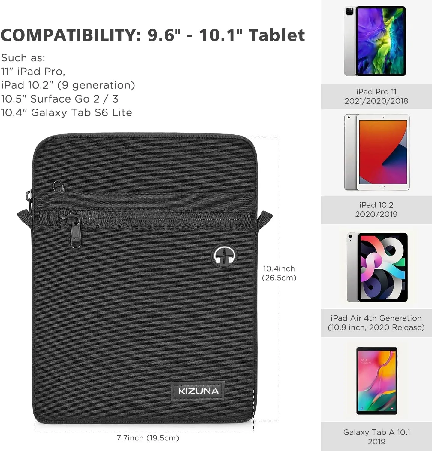 KIZUNA 10 Inch Tablet Sleeve Messenger Laptop Bag - Water Resistant for 9.7-11" iPad Pro/Surface Go 3/10.5" Galaxy Tab A, Black