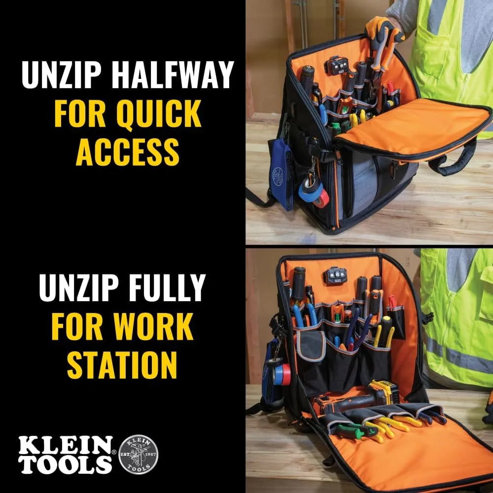 Klein Tools 62482 Tool Backpack, Tool-Station Pro Heavy-Duty Organizer with 27 Pockets, Large Interior, Molded Bottom, Electrician Tool Bag
