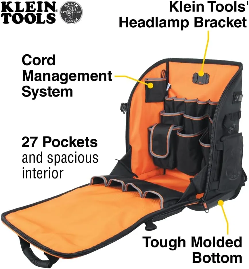 Klein Tools 62482 Tool Backpack, Tool-Station Pro Heavy-Duty Organizer with 27 Pockets, Large Interior, Molded Bottom, Electrician Tool Bag