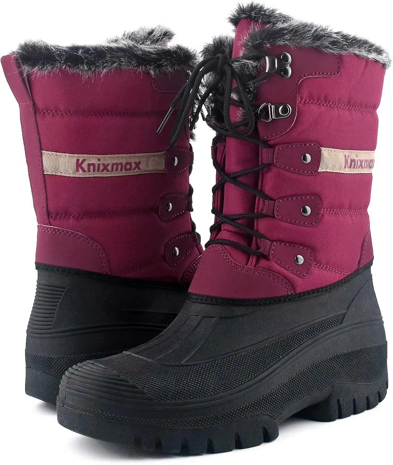 Knixmax Women's Winter Snow Boots Waterproof Mid Calf Booties Fur Lined Warm Outdoor Insulated Mucker Yard Skiing Hiking Boots