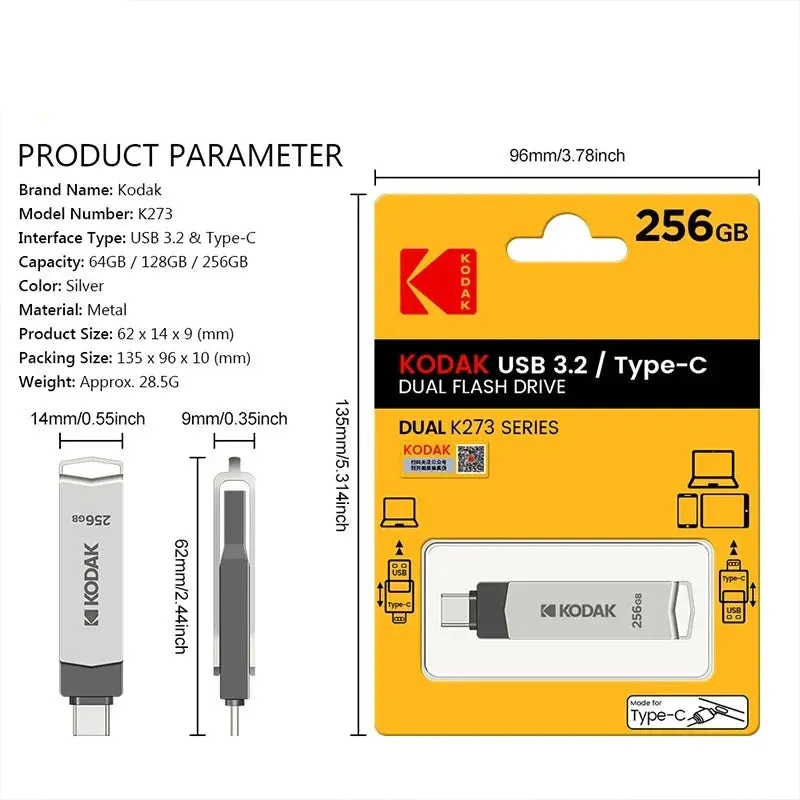 Kodak Metal USB Flash Drive 2 In 1 For Keys Smartphone Laptop 128gb / 64gb / 32gb