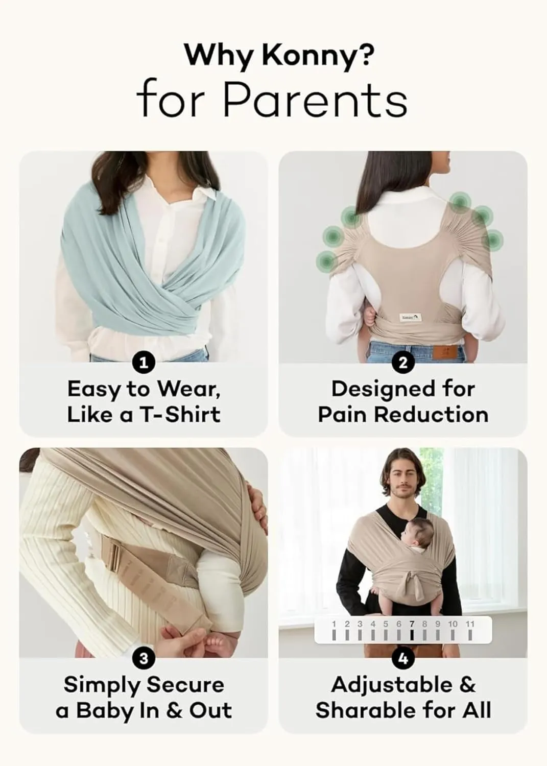 Konny New and Improved Baby Carrier Flex SoftBreeze(Includes Head Support) - Adjustable, Easy to Wear and Wrap Baby Sling, Perfect for Newborn Babies Essentials up to 44 lbs (XS-XL) - Beige