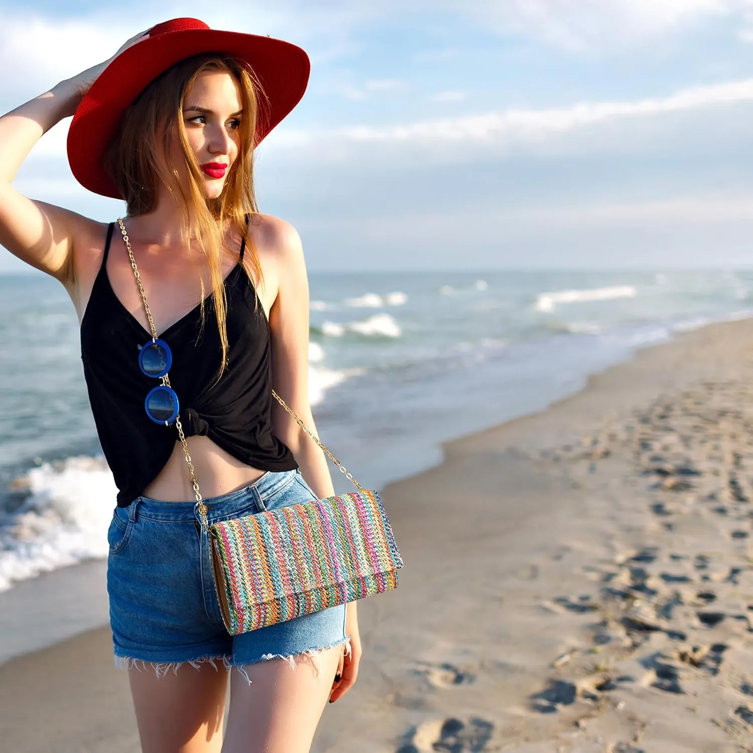 Kseymeir Straw Clutch Purse Shoulder Crossbody Bag Envelope Purse Raffia Handbag for Summer Beach Travel Trendy
