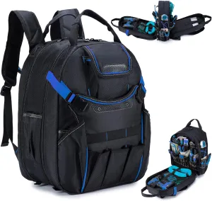 KSIBNW 45-Pockets Tool Backpack for Men, Waterproof Heavy Duty Tools Organizer Bags with Laptop Compartment Durable Tool Carrier with Charging Port for Electrician/Construction Work, Black and Blue