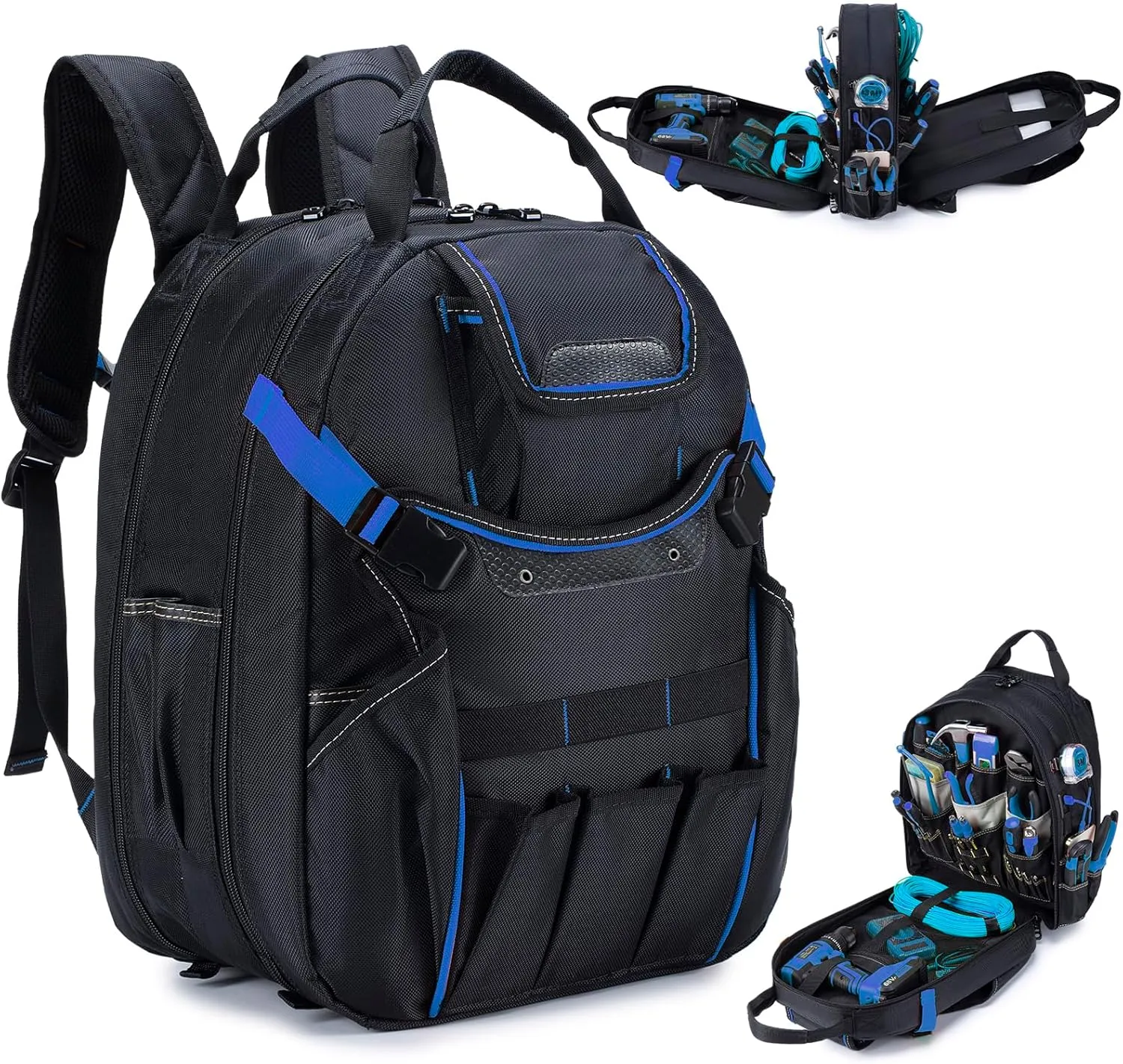 KSIBNW 45-Pockets Tool Backpack for Men, Waterproof Heavy Duty Tools Organizer Bags with Laptop Compartment Durable Tool Carrier with Charging Port for Electrician/Construction Work, Black and Blue