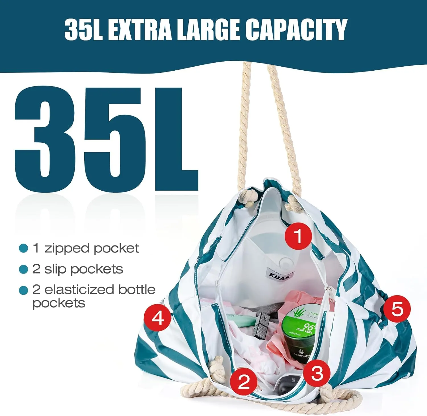 KUAK Beach Bag, Large Beach Bags for Women Waterproof Sandproof Beach Tote Bag with Zipper and Pockets for Pool Family