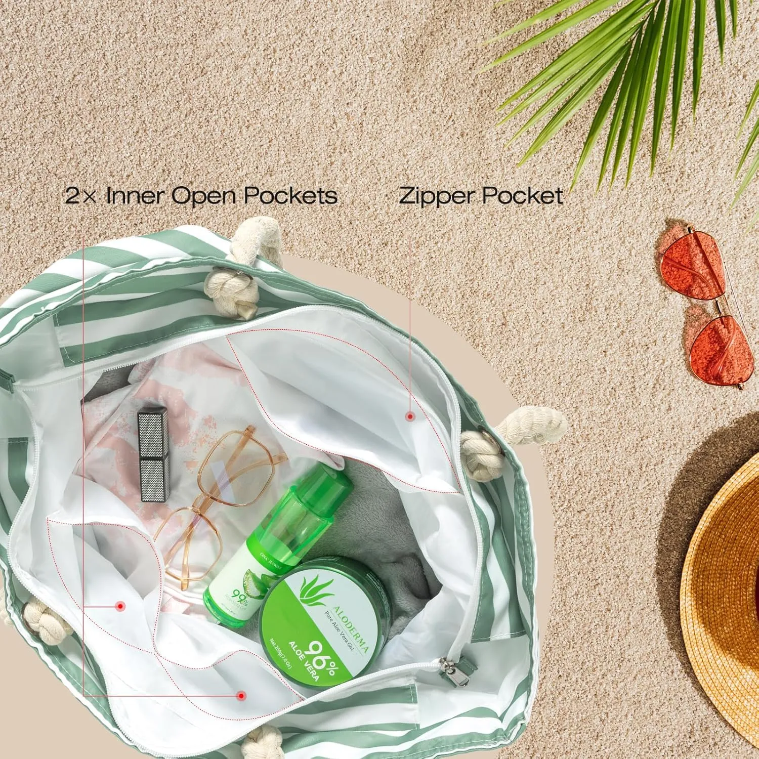 KUAK Beach Bags for Women Extra Large Beach Tote Bag with Top Zipper, 3 Inner Pockets Waterproof Sandproof Swim Pool Bag