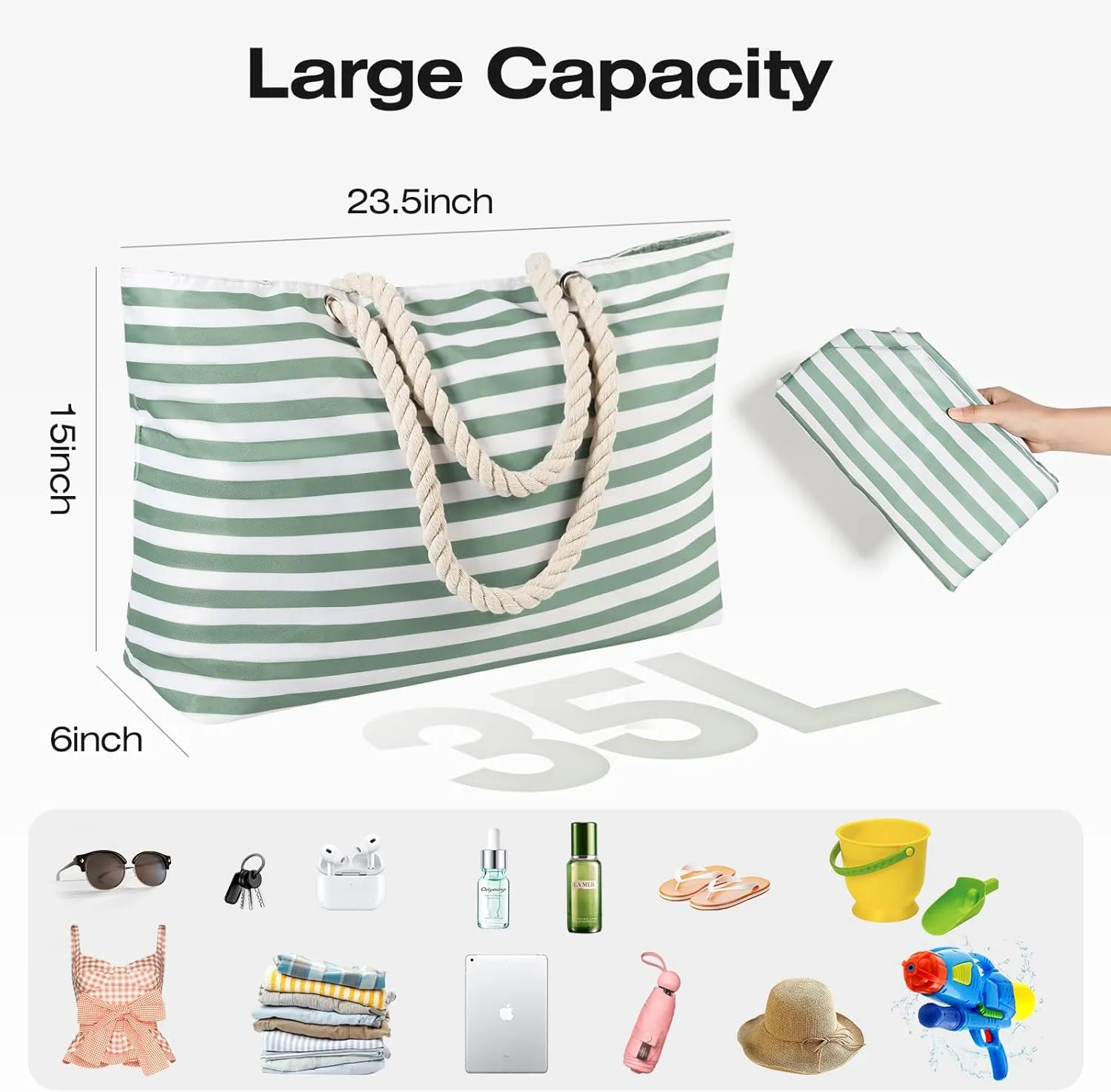 KUAK Beach Bags for Women Extra Large Beach Tote Bag with Top Zipper, 3 Inner Pockets Waterproof Sandproof Swim Pool Bag