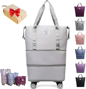 Kulken Travel Bag with Wheels, Expandable Foldable Duffle Bag, Large Capacity Wide-Open Weekend Travel Cosmetic Bag (Grey)