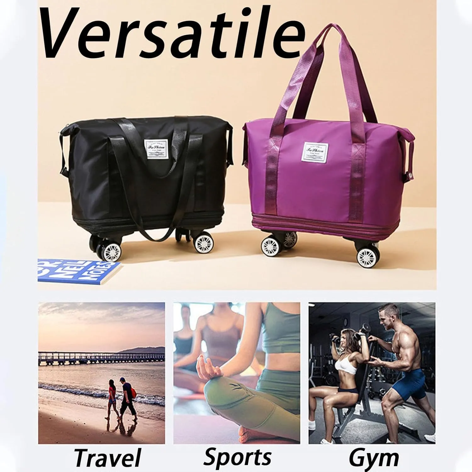 Kulken Travel Bag With Wheels, Large Capacity Travel Bags Universal Wheel, Travel Bag with Removable Wheels (Fushcia)