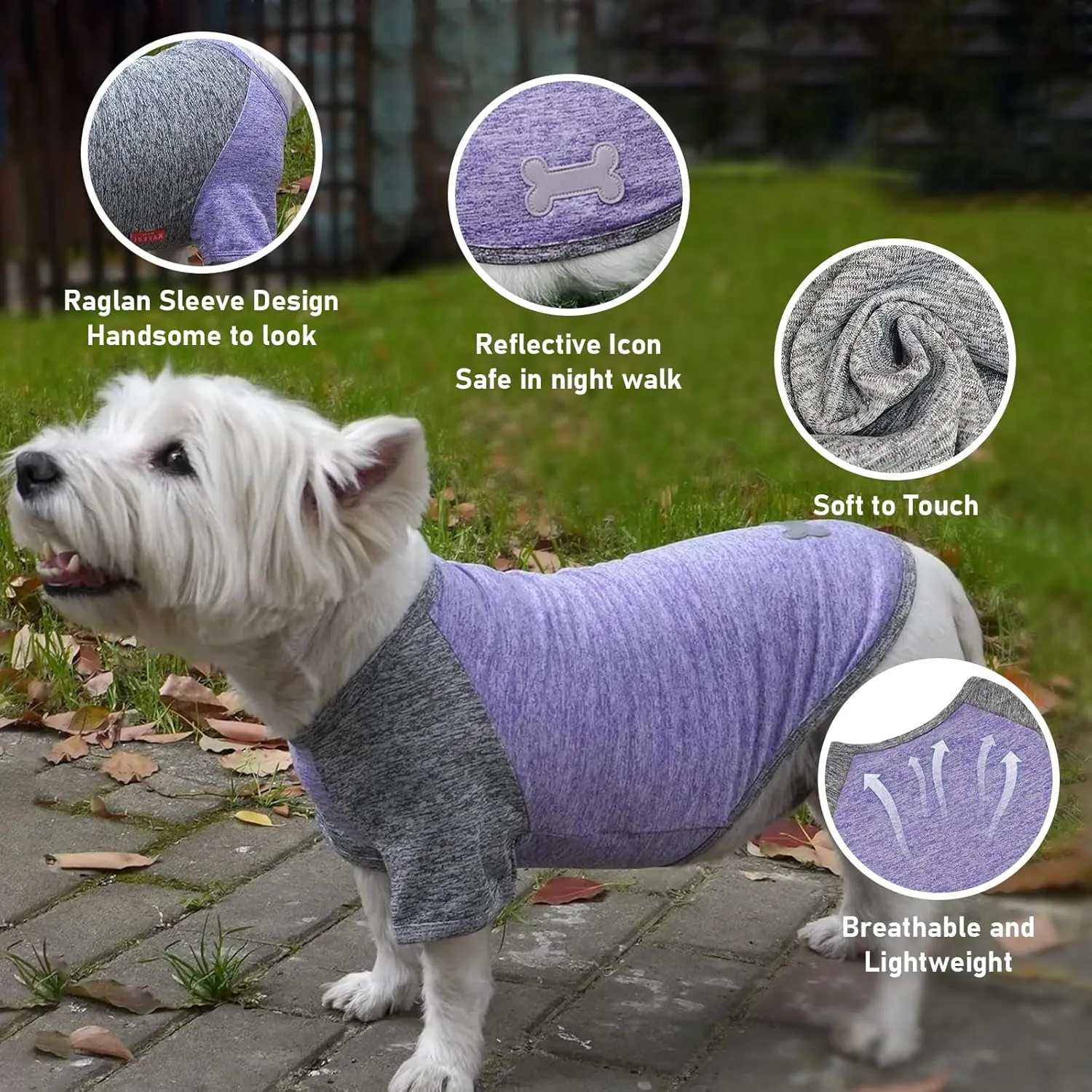 KYEESE 2 Pack Dog Shirts Quick Dry Lightweight Stretchy Dog T-Shirts with Reflective Label Raglan Sleeve Cat Shirts Sun Protection Pet Clothes for Small Dogs, Purple Grey, S