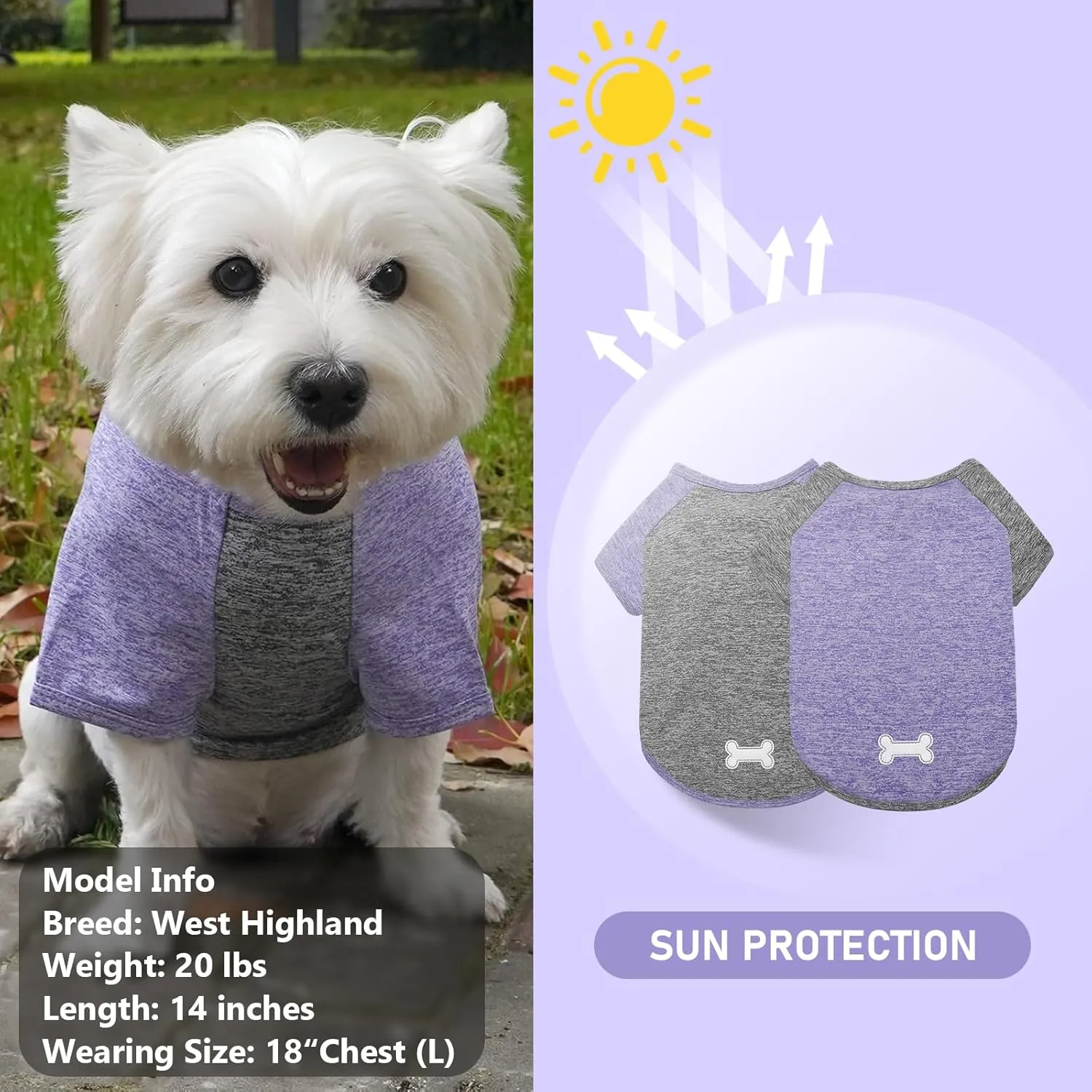 KYEESE 2 Pack Dog Shirts Quick Dry Lightweight Stretchy Dog T-Shirts with Reflective Label Raglan Sleeve Cat Shirts Sun Protection Pet Clothes for Small Dogs, Purple Grey, S