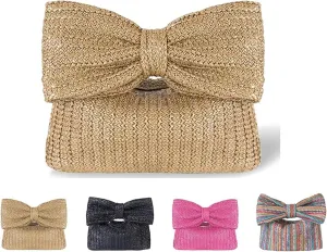 Ladies Straw Bow Purse Summer Clutch Bag Holiday Beach Handbag Formal Party Wedding 2024 New