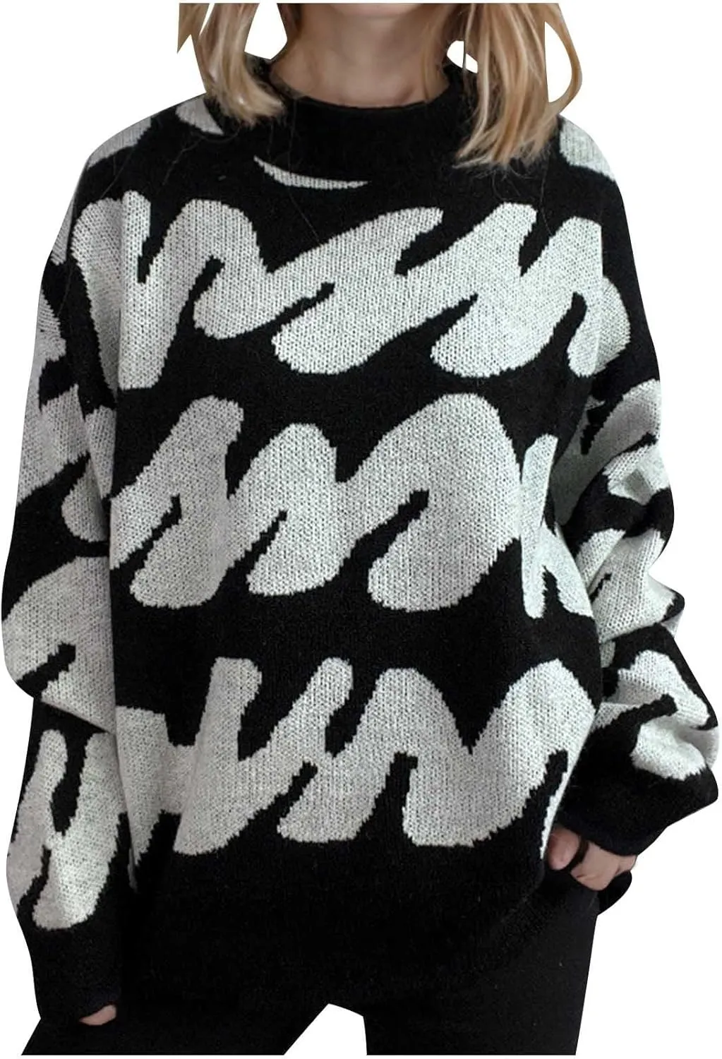 Ladies Winter Sweater 2024 Print Wave Striped Knitted Wide Hem Tops Long Sleeve Crewneck Casual Loose Fashion Outwear