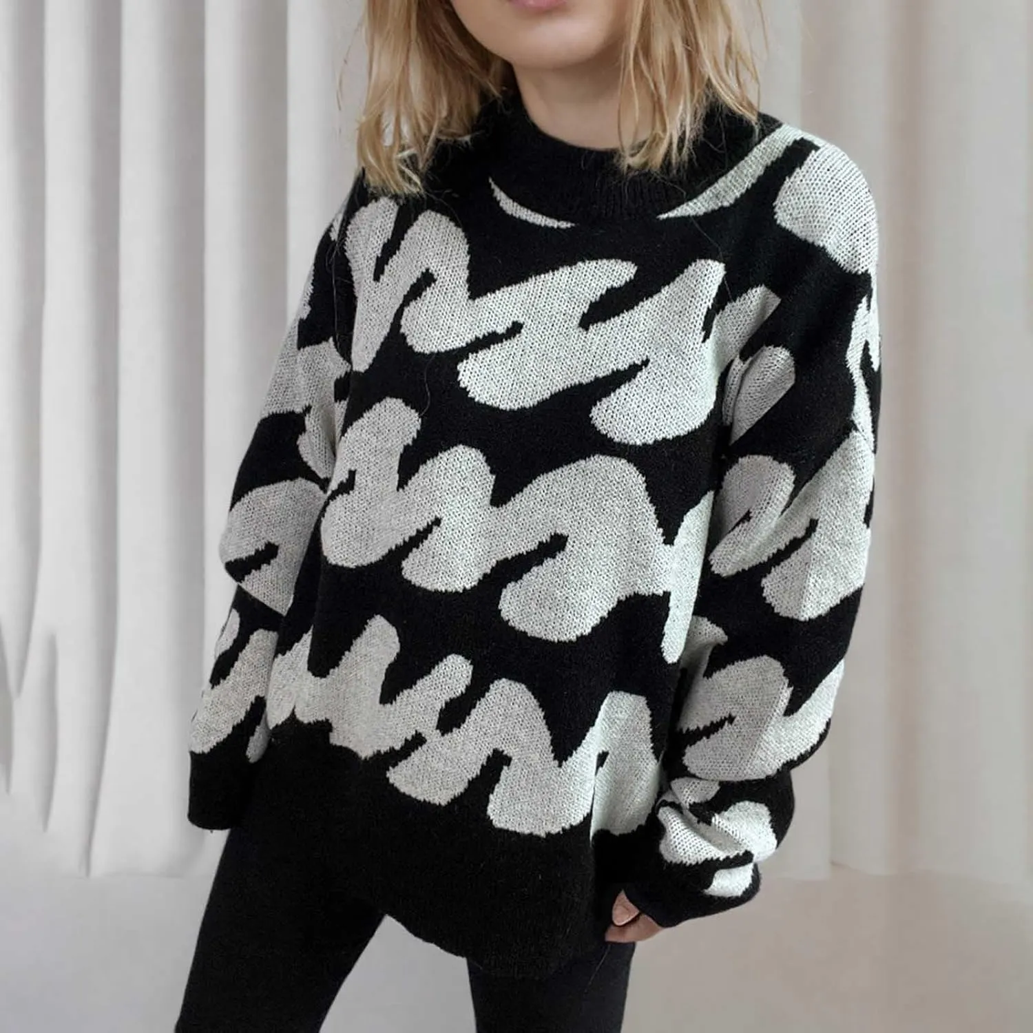 Ladies Winter Sweater 2024 Print Wave Striped Knitted Wide Hem Tops Long Sleeve Crewneck Casual Loose Fashion Outwear