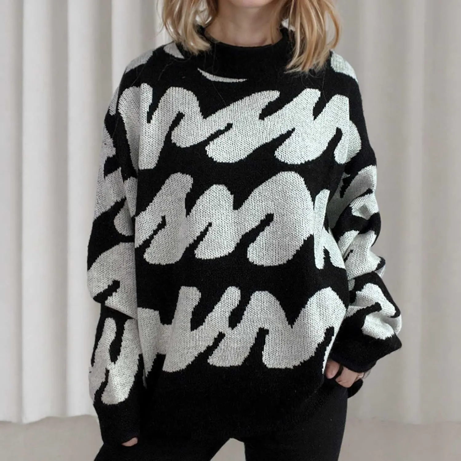 Ladies Winter Sweater 2024 Print Wave Striped Knitted Wide Hem Tops Long Sleeve Crewneck Casual Loose Fashion Outwear