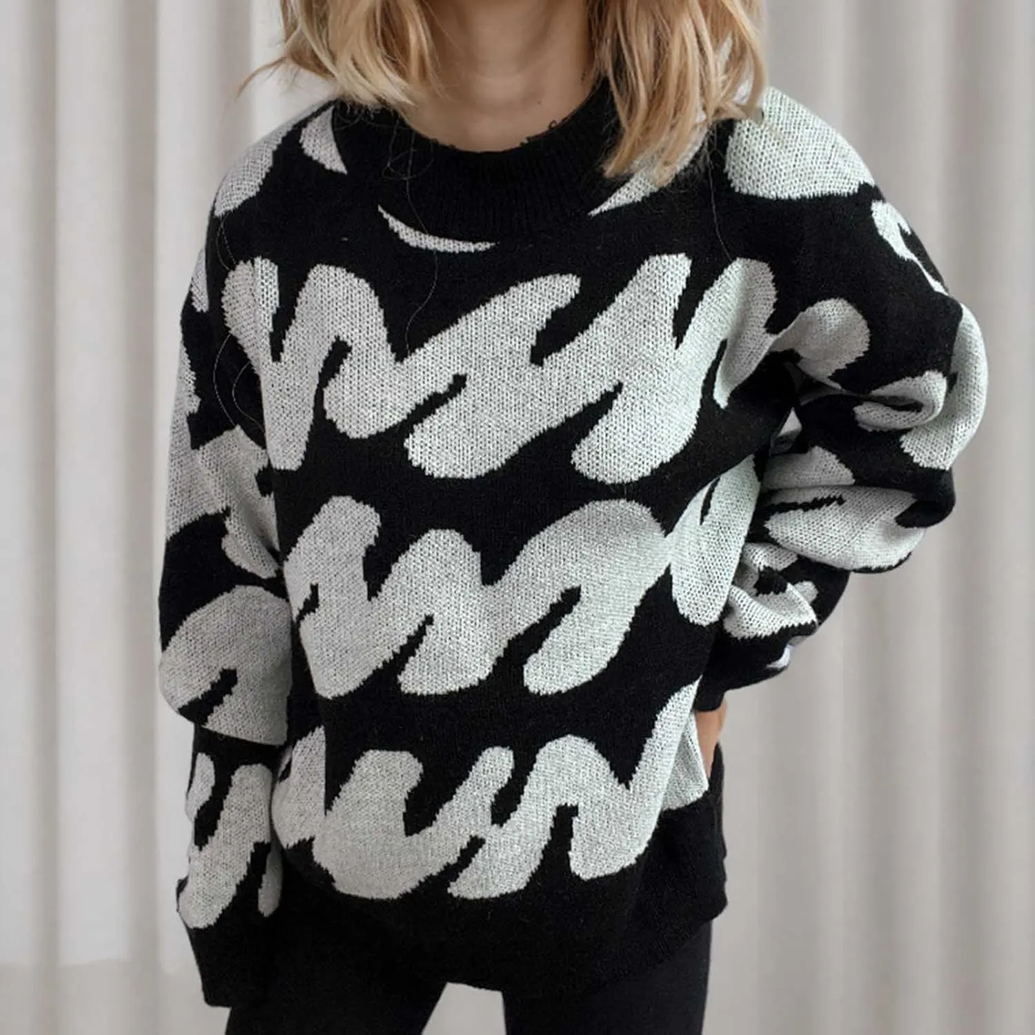 Ladies Winter Sweater 2024 Print Wave Striped Knitted Wide Hem Tops Long Sleeve Crewneck Casual Loose Fashion Outwear