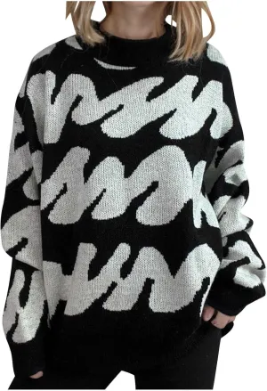 Ladies Winter Sweater 2024 Print Wave Striped Knitted Wide Hem Tops Long Sleeve Crewneck Casual Loose Fashion Outwear