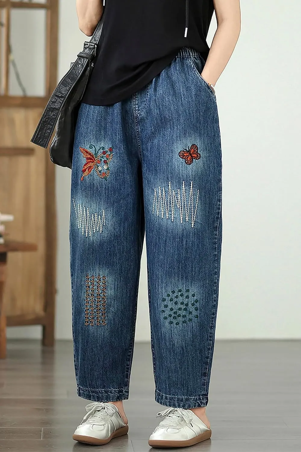 LAI MENG FIVE CATS Women Casual Jeans Denim Loose Pants Elastic Waist with Pocket
