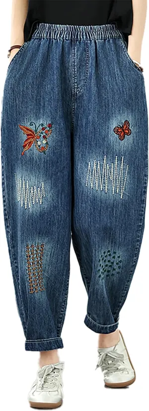LAI MENG FIVE CATS Women Casual Jeans Denim Loose Pants Elastic Waist with Pocket