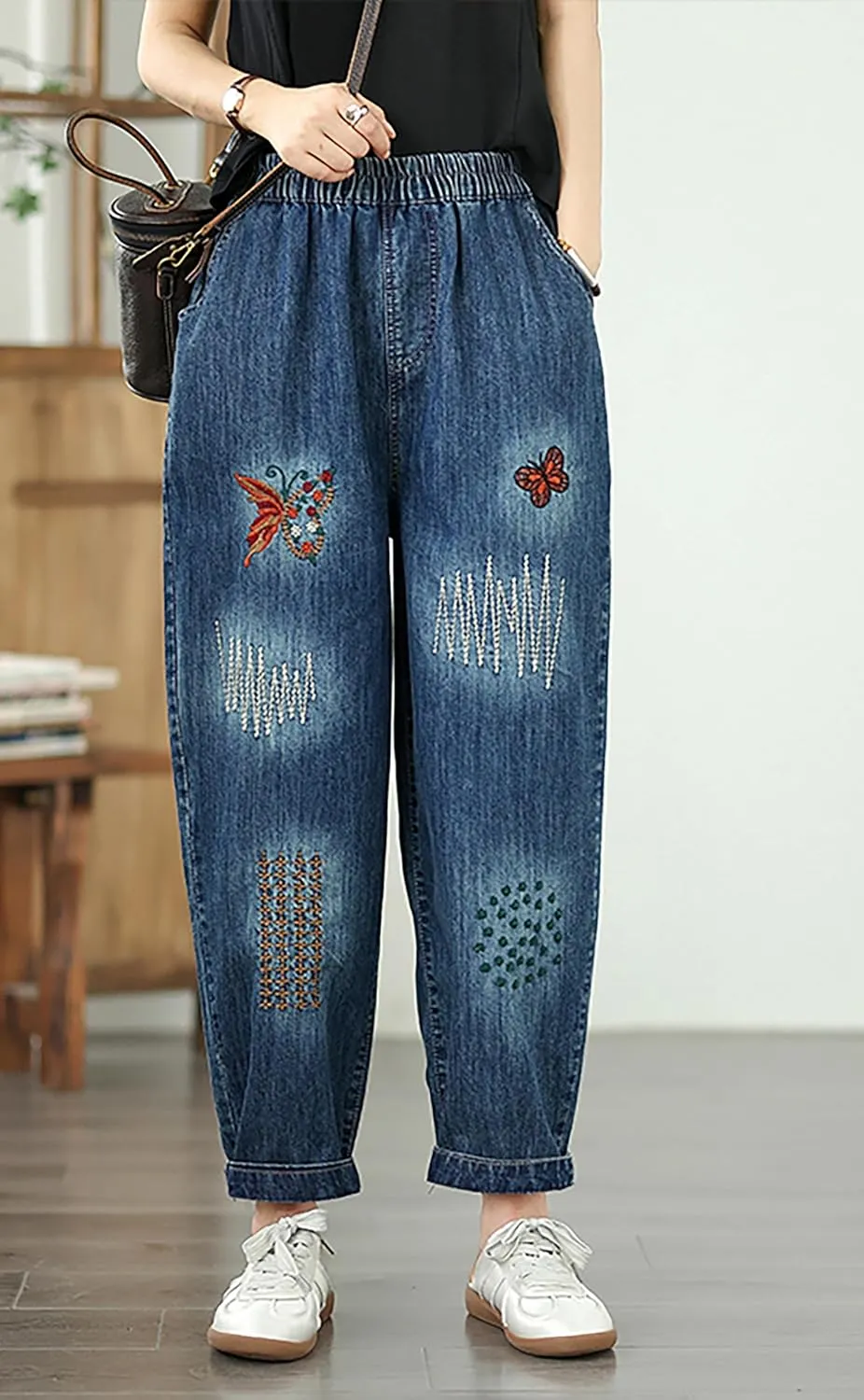 LAI MENG FIVE CATS Women Casual Jeans Denim Loose Pants Elastic Waist with Pocket