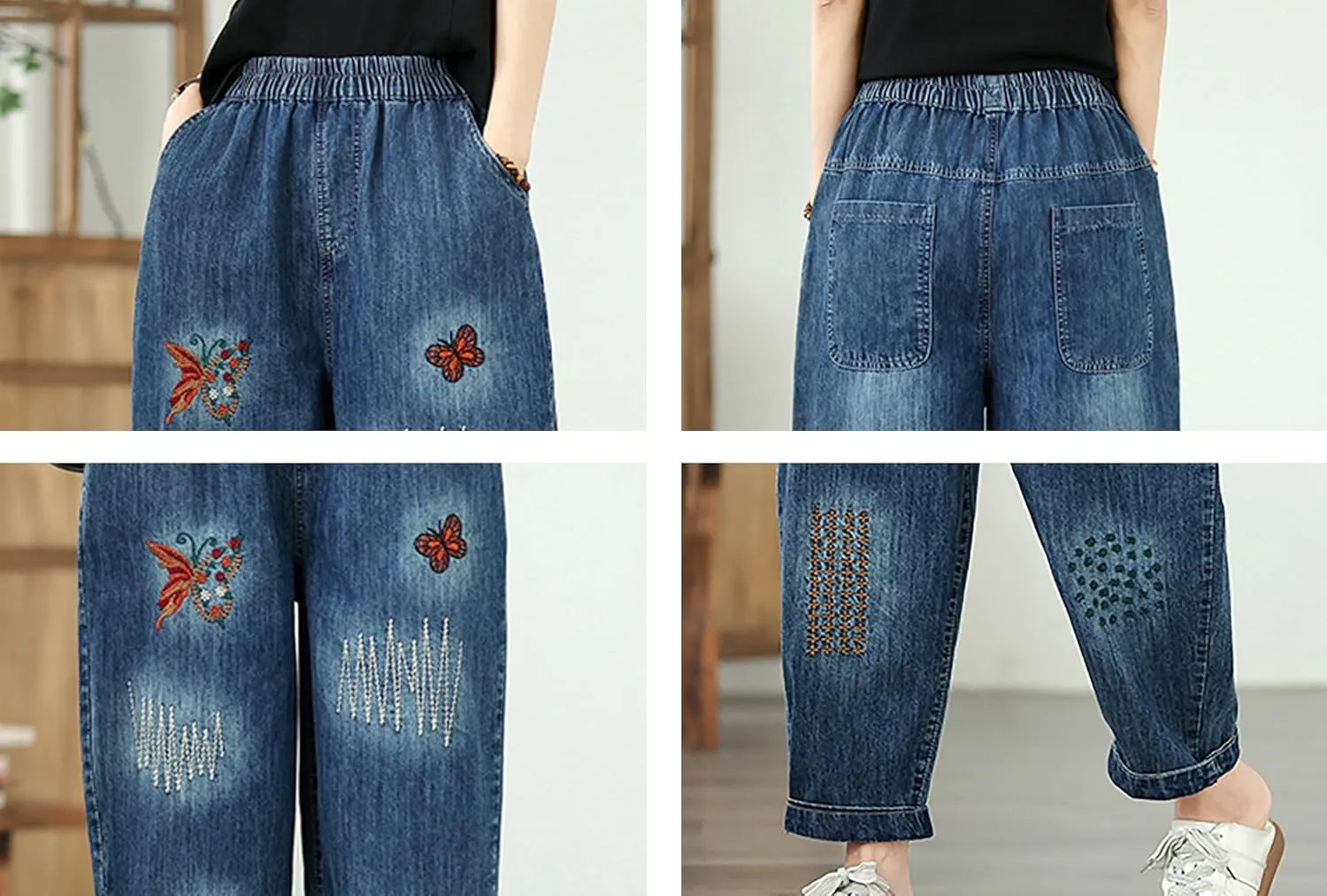 LAI MENG FIVE CATS Women Casual Jeans Denim Loose Pants Elastic Waist with Pocket