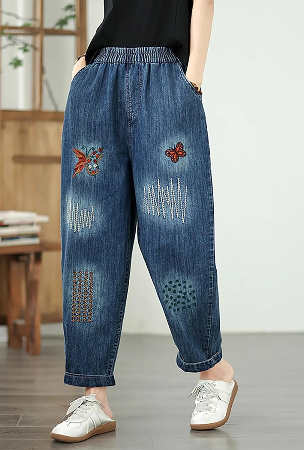 LAI MENG FIVE CATS Women Casual Jeans Denim Loose Pants Elastic Waist with Pocket