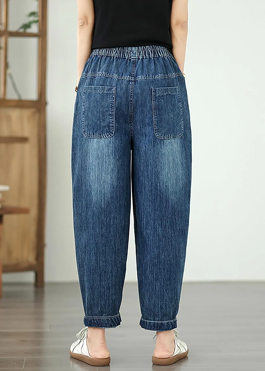 LAI MENG FIVE CATS Women Casual Jeans Denim Loose Pants Elastic Waist with Pocket
