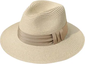 Lanzom Women Wide Brim Straw Panama Roll up Hat Fedora Beach Sun Hat UPF50 