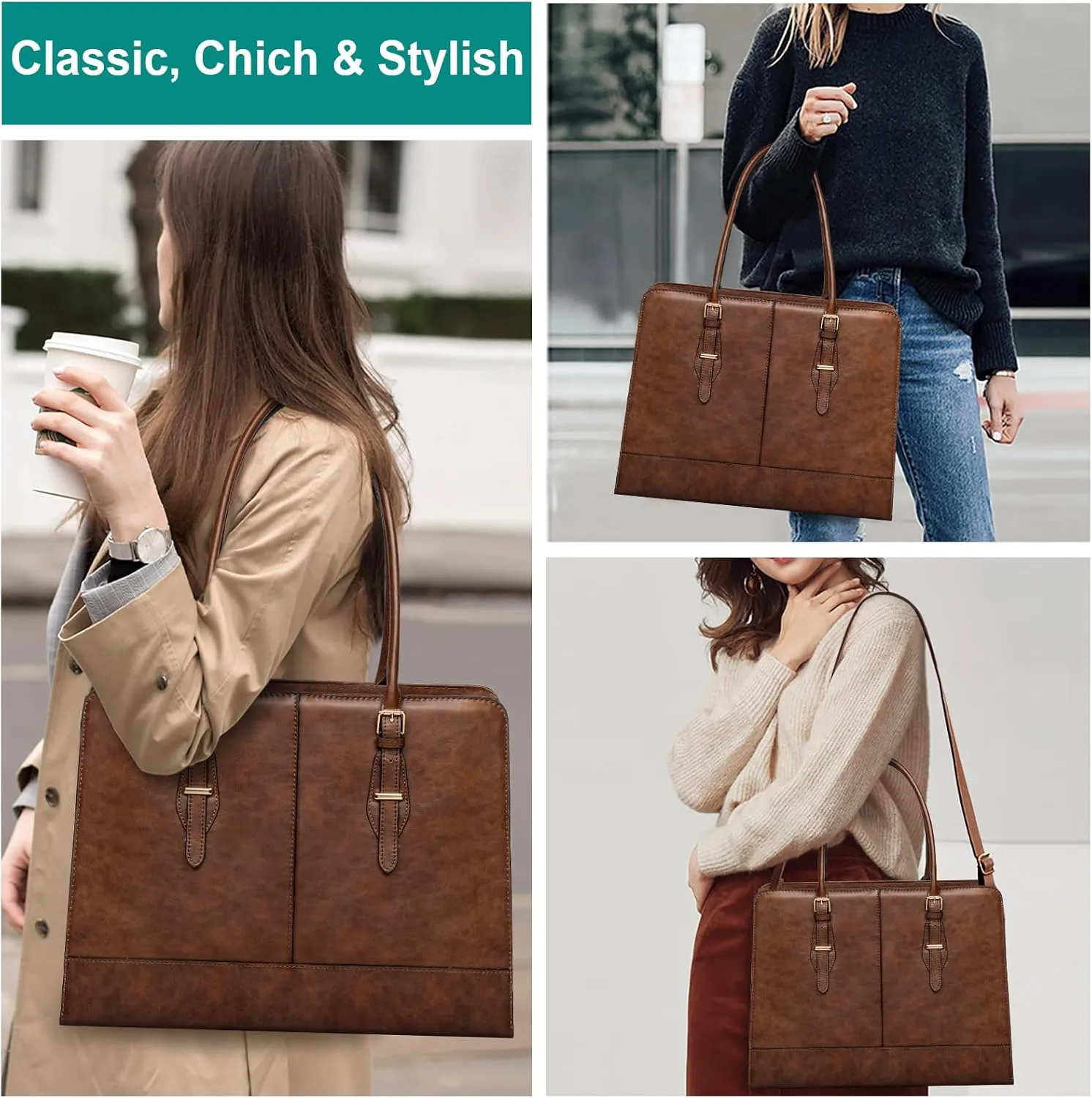 Laptop Bag for Women Leather Work Tote 15.6 Inch Laptop for Computer Bag Waterproof Business Office Professional Large Capacity Handbag Shoulder Bag