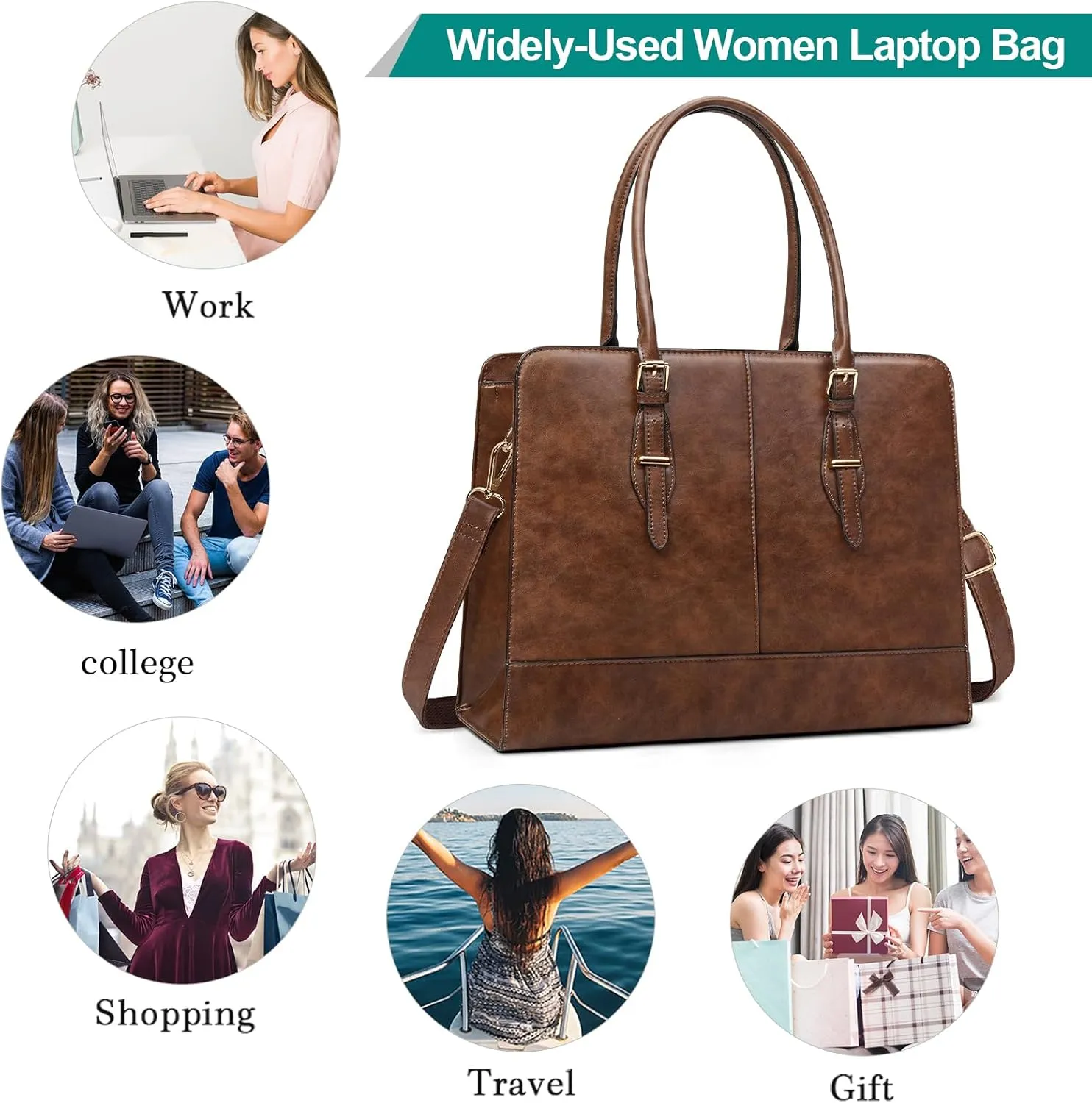 Laptop Bag for Women Leather Work Tote 15.6 Inch Laptop for Computer Bag Waterproof Business Office Professional Large Capacity Handbag Shoulder Bag