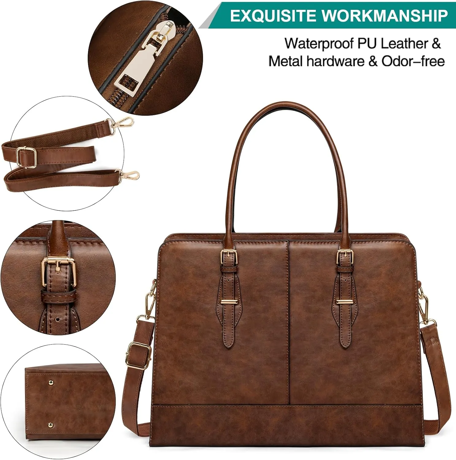 Laptop Bag for Women Leather Work Tote 15.6 Inch Laptop for Computer Bag Waterproof Business Office Professional Large Capacity Handbag Shoulder Bag