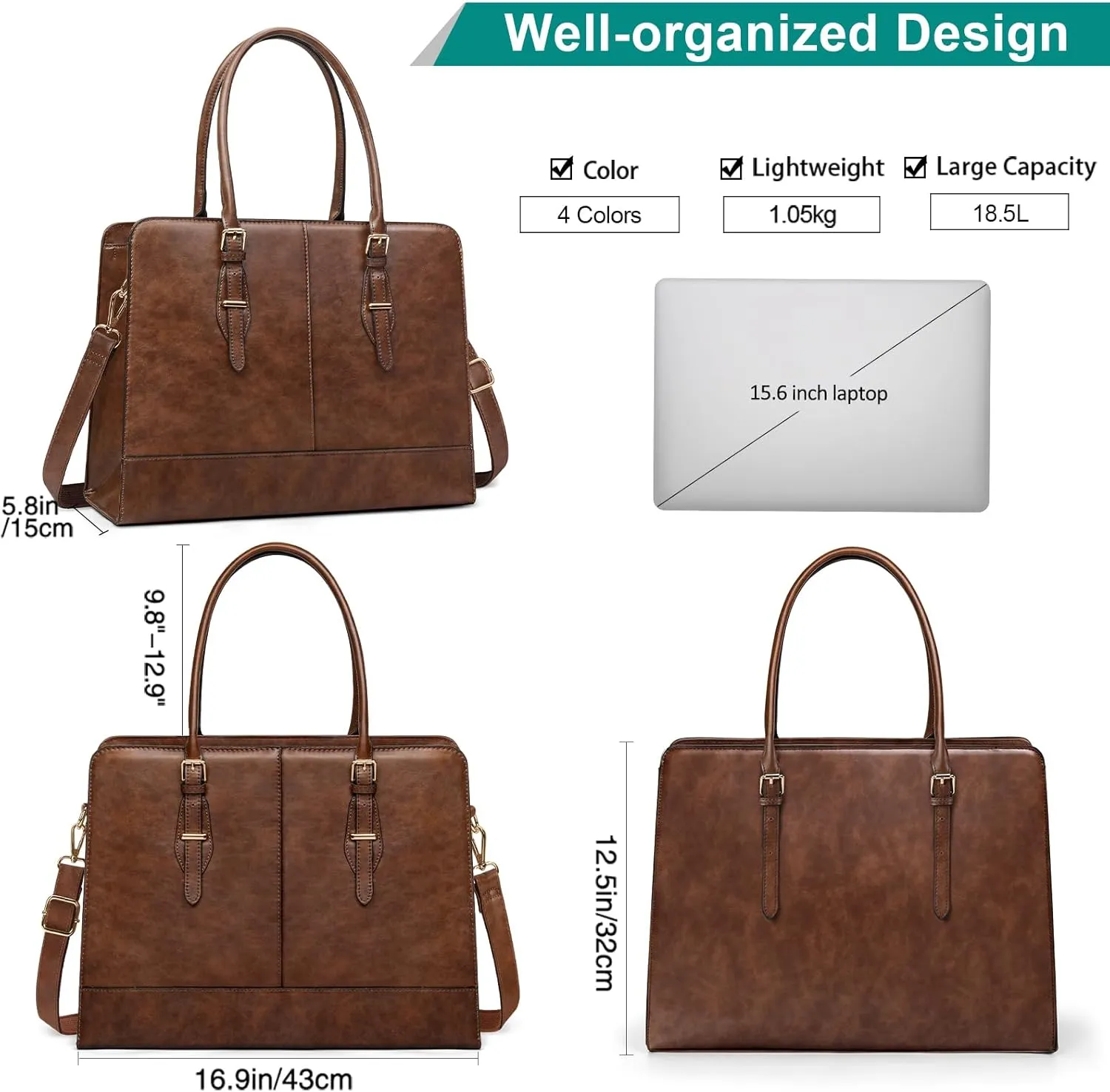 Laptop Bag for Women Leather Work Tote 15.6 Inch Laptop for Computer Bag Waterproof Business Office Professional Large Capacity Handbag Shoulder Bag