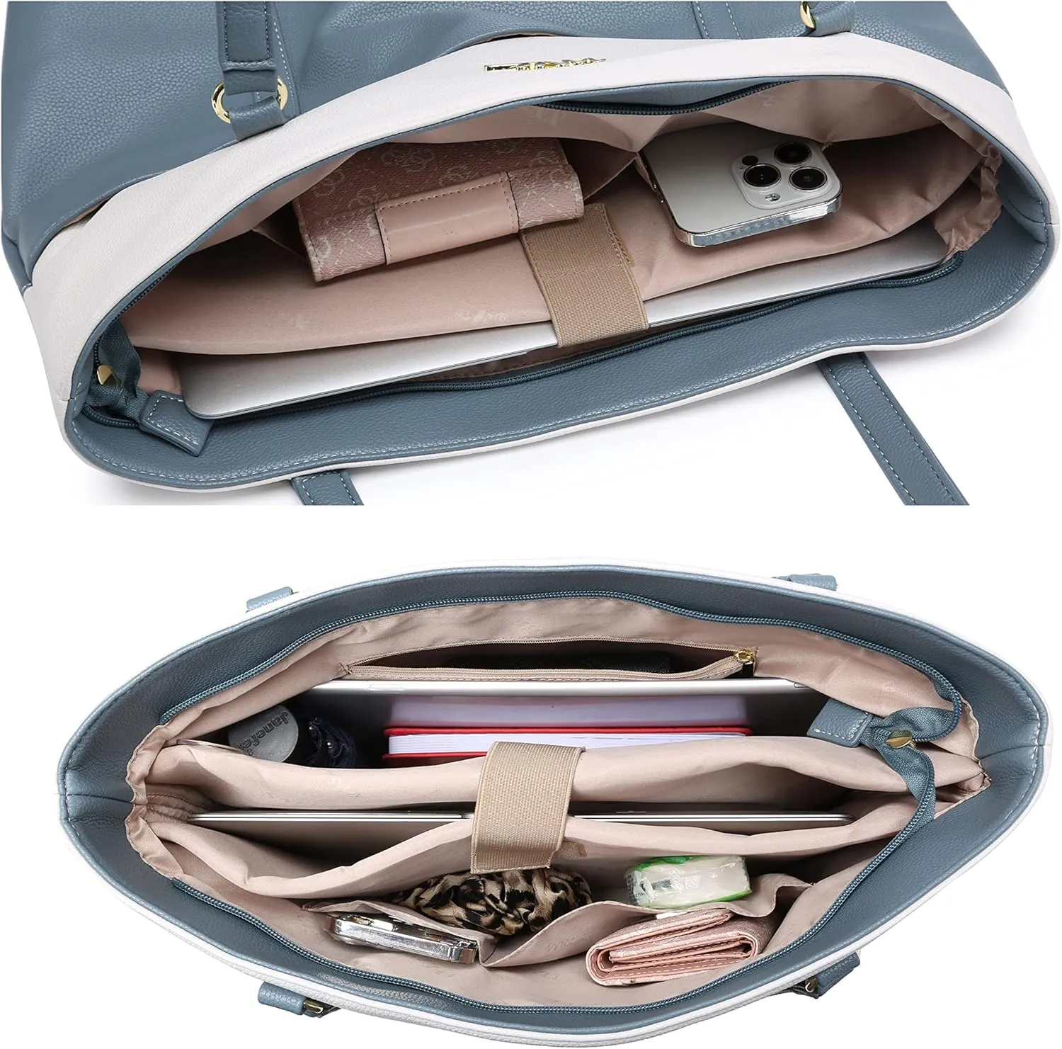 Laptop Leather Tote Bag for 15.6 inch Notebook Travel Work Carrying Bag with Smart Trolley Strap Design - Duke Gray