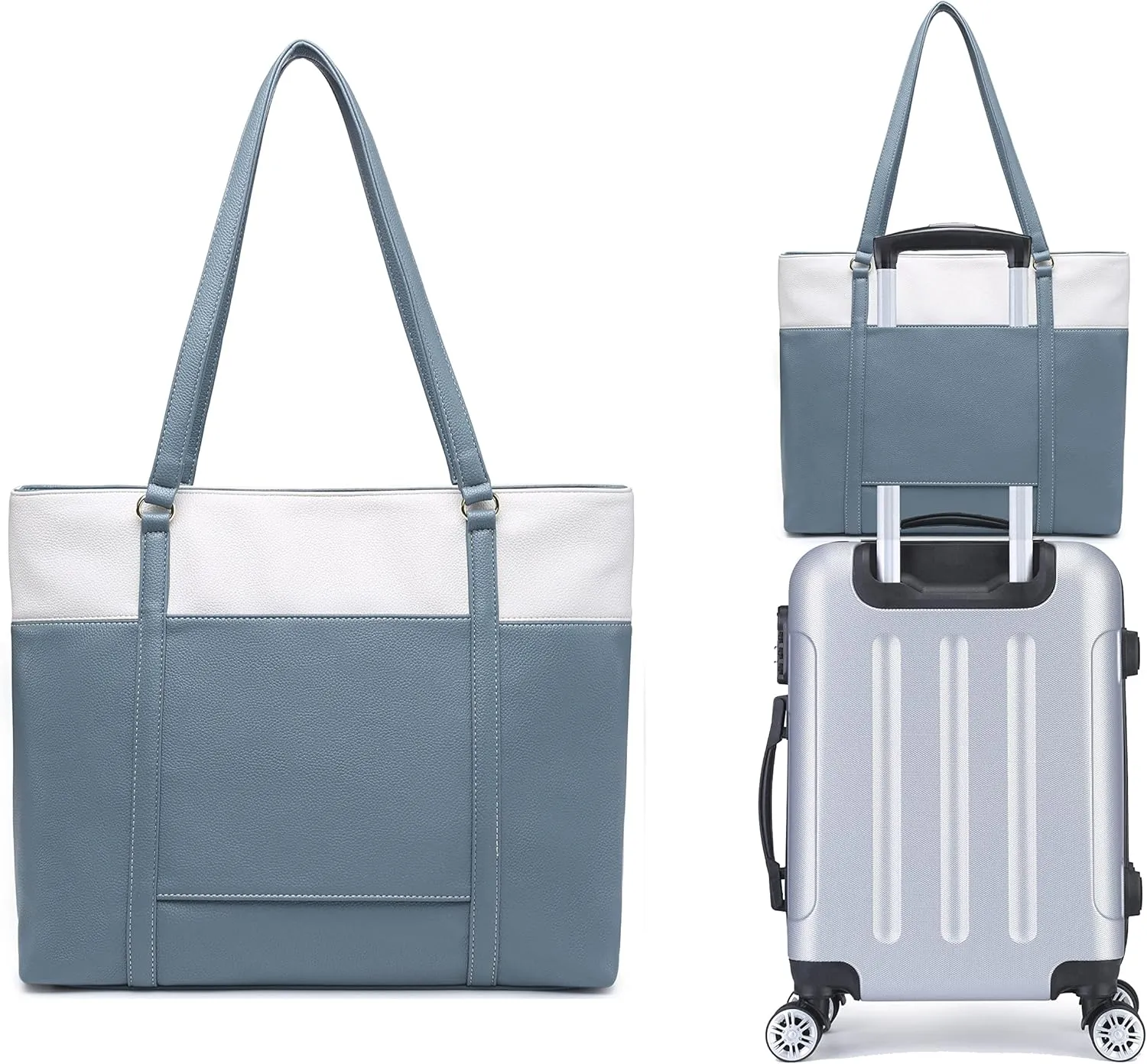 Laptop Leather Tote Bag for 15.6 inch Notebook Travel Work Carrying Bag with Smart Trolley Strap Design - Duke Gray