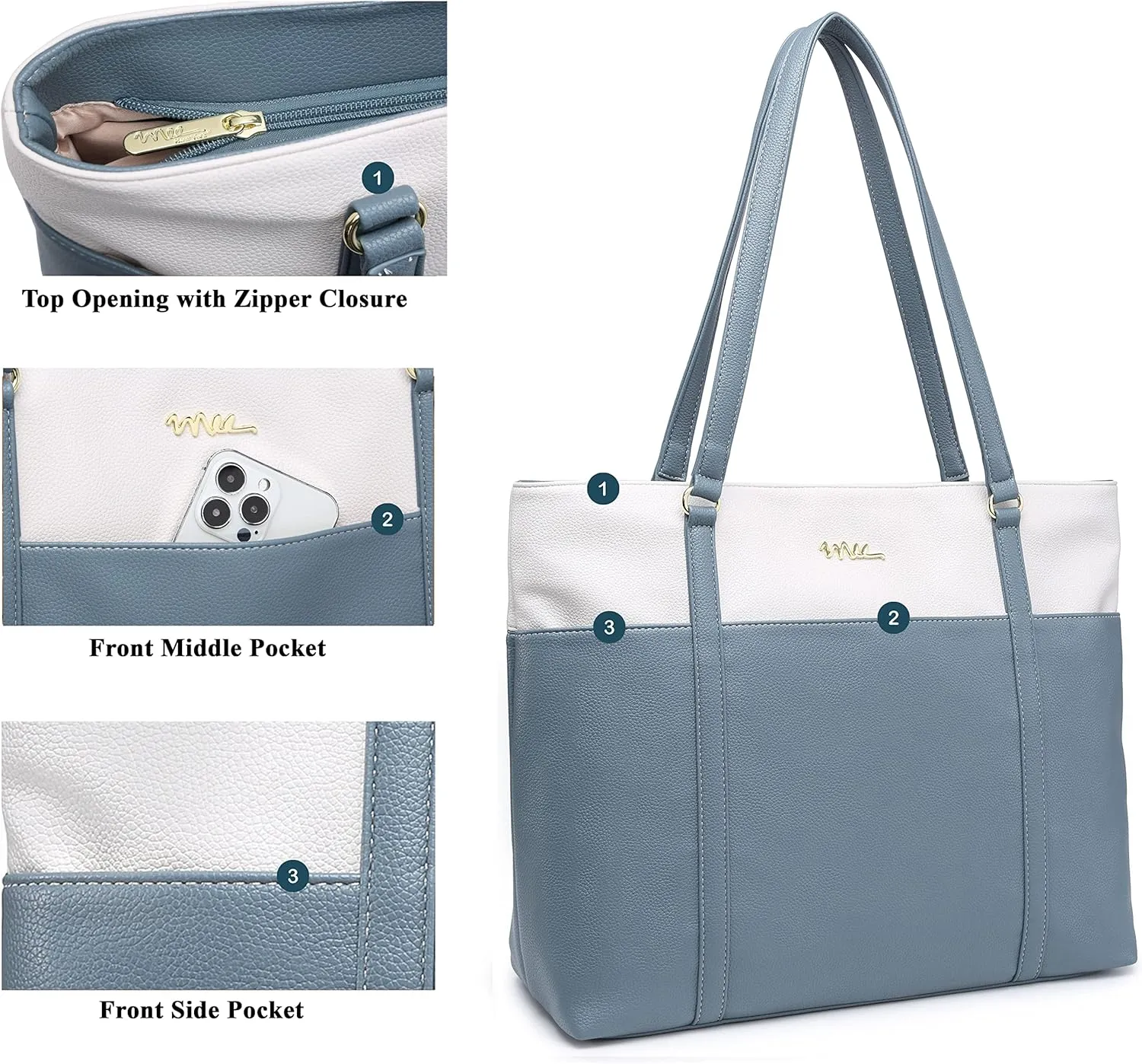 Laptop Leather Tote Bag for 15.6 inch Notebook Travel Work Carrying Bag with Smart Trolley Strap Design - Duke Gray