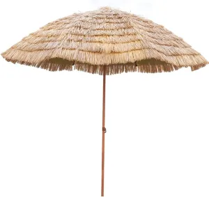 Large Beach Straw, 2m Round Outdoor Patio Umbrella Waterproof Folding, Tiltable Hawaiian Thatch Umbrella, Natural Color, Without Base