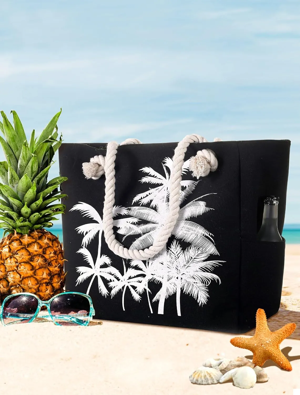 Large Canvas Beach Tote Bag with Zipper Waterproof for Women Swim Travel Swim Pool Shopping Cruise Essentials Gifts