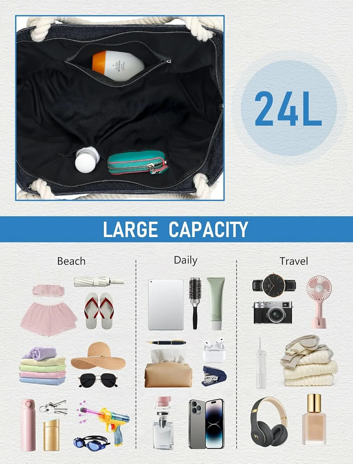 Large Canvas Beach Tote Bag with Zipper Waterproof for Women Swim Travel Swim Pool Shopping Cruise Essentials Gifts