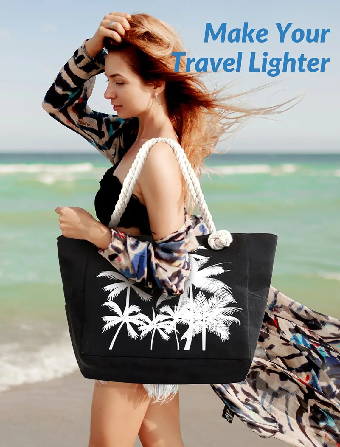 Large Canvas Beach Tote Bag with Zipper Waterproof for Women Swim Travel Swim Pool Shopping Cruise Essentials Gifts