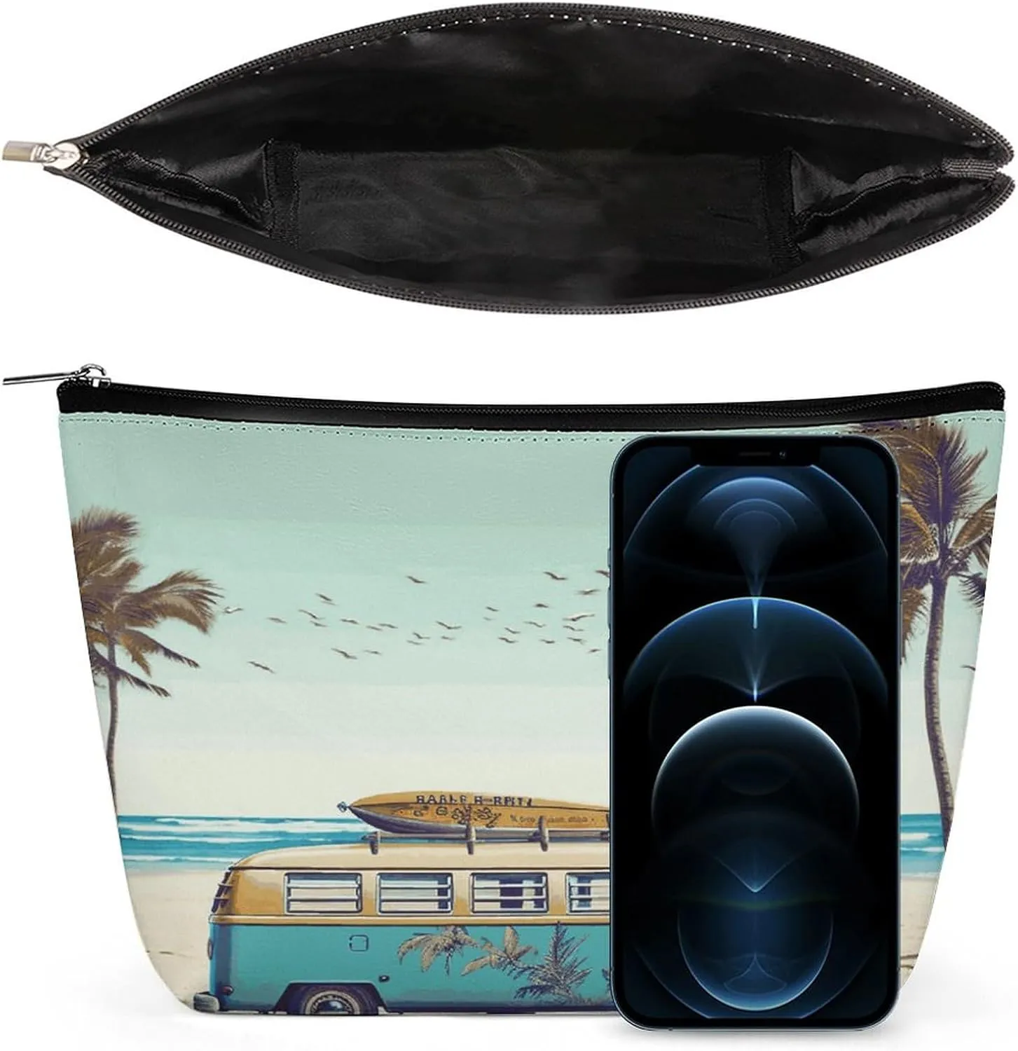 Large Capacity Makeup Bags for Women Portable Leather with Zipper Travelling Makeup Bag Beach Bus Printed
