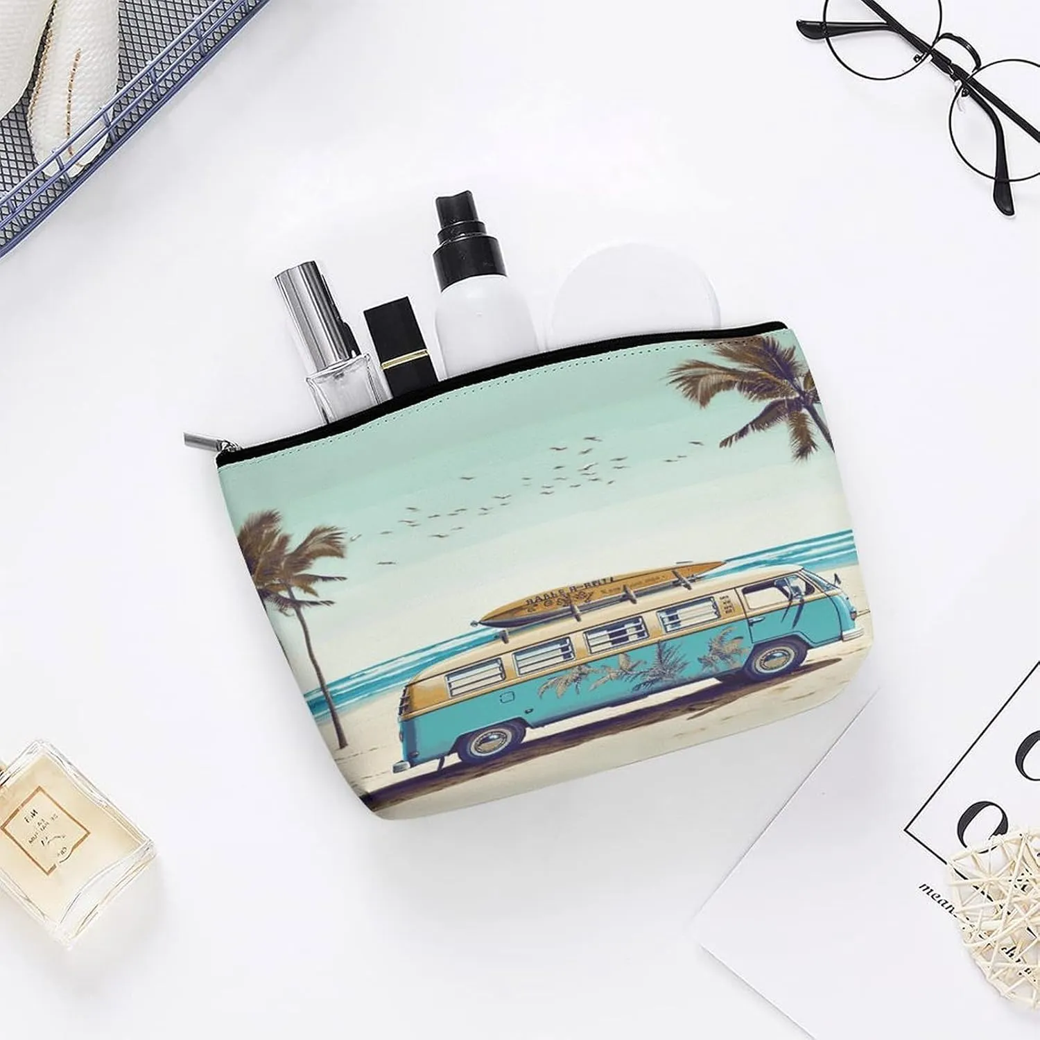 Large Capacity Makeup Bags for Women Portable Leather with Zipper Travelling Makeup Bag Beach Bus Printed