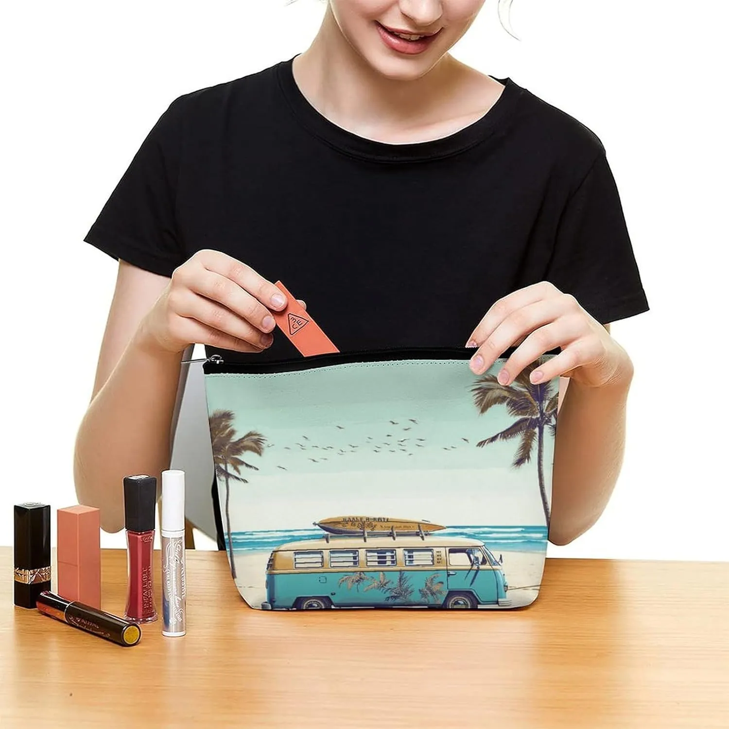 Large Capacity Makeup Bags for Women Portable Leather with Zipper Travelling Makeup Bag Beach Bus Printed