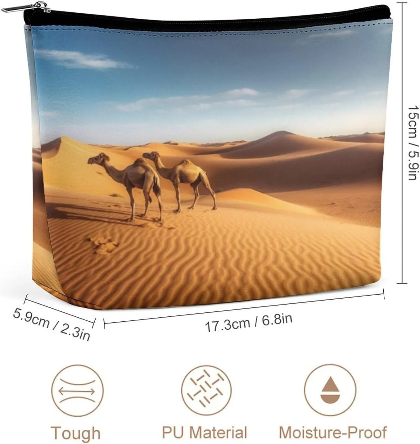 Large Capacity Makeup Bags for Women Portable Leather with Zipper Travelling Makeup Bag Sand Dunes In The Sahara Desert Printed